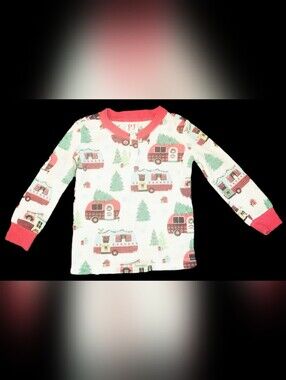 #KCB50 PJ Place Festive Camper Holiday Pajama Top - Ivory with Red & Green